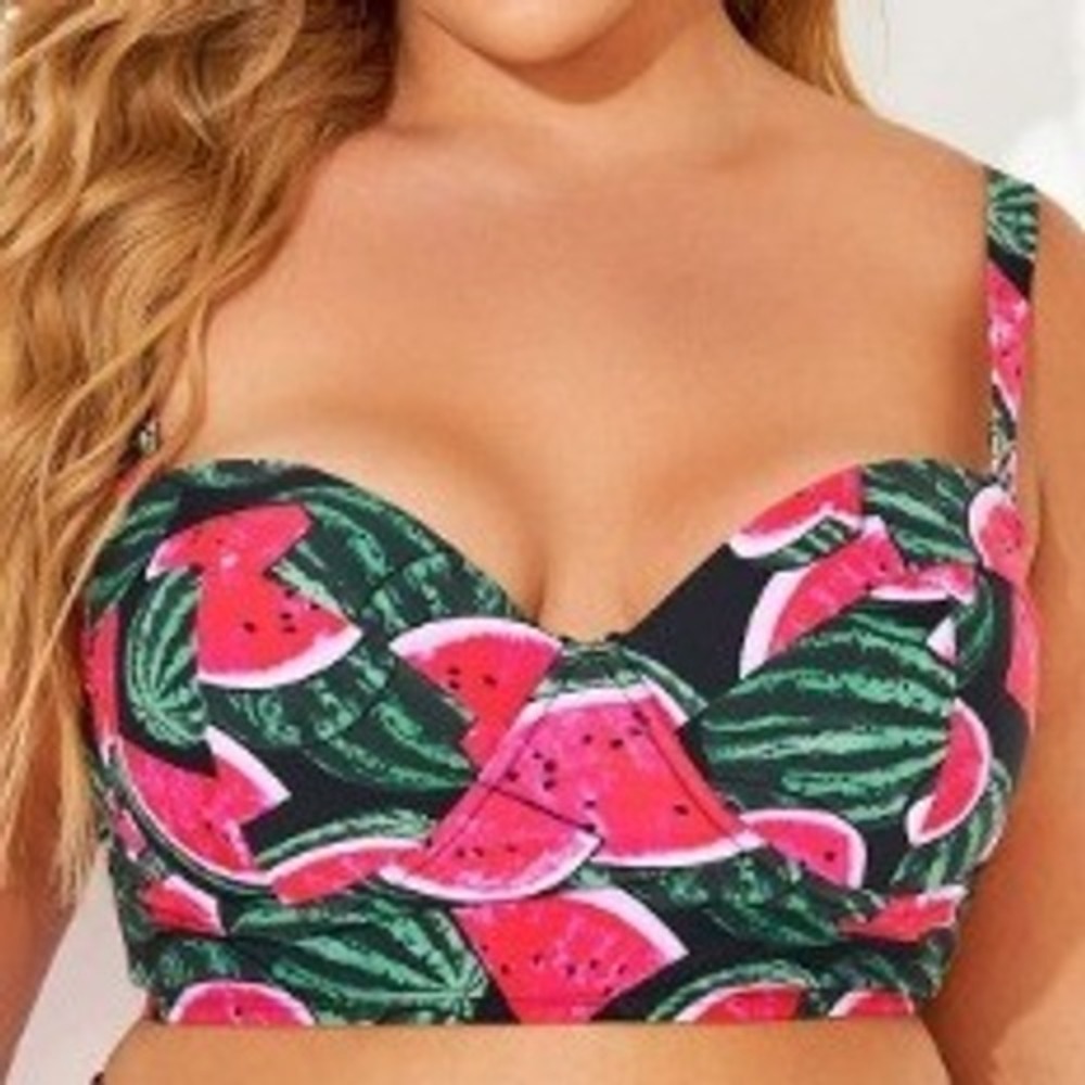 TORRID Womens 2X Black Pink Green Watermelon Print Underwire Longline Bikini Top